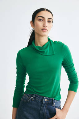 H&M - Women Green Button-Detail Roll-Neck Top