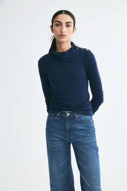 H&M - Women Blue Button-Detail Roll-Neck Top