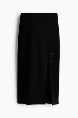 H&M - Women Black Rib-Knit Knot-Button Skirt
