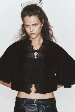 H&M - Women Black Lace-trimmed velour top