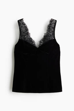 H&M - Women Black Lace-Trimmed Velour Top
