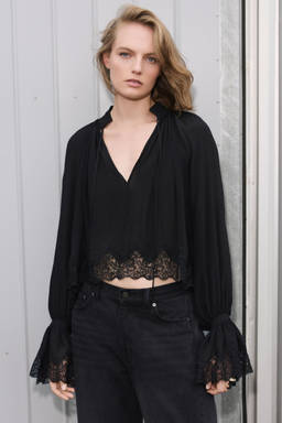 H&M - Women Black Lace-Trimmed Viscose Blouse