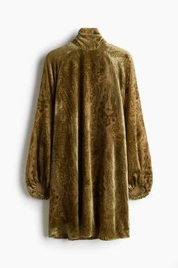 H&M - Women Green Scarf-Collar Jacquard-Velvet Dress