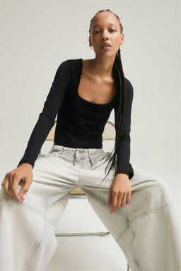 H&M - Women Black Long-Sleeved Square-Neck Bodysuit