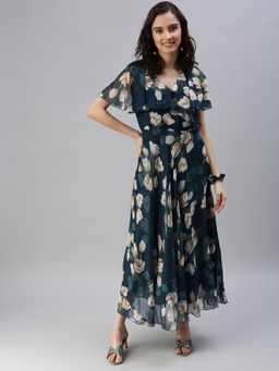 SHOWOFF - Women's Midi Floral Olive V-neck Fit And Flare Dress