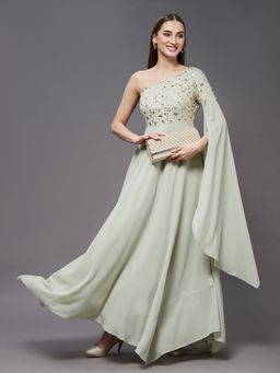 Miss Chase - Women's Dusty Green And Golden Embellished Asymmetric Maxi Party Dress