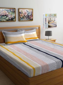 FABINALIV - Multicolor Striped 300 Tc Super King Size Bedsheet With 2 Pillow Covers