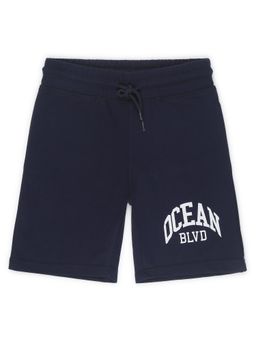 Alan Jones - Terry Knit Knee Length Text Printed Shorts - Navy