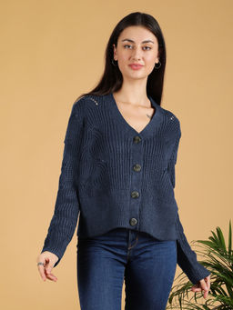 KOTTY - Blue Solid V-Neck Cardigan