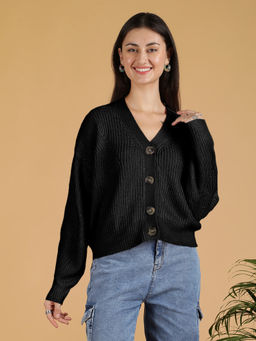 KOTTY - Black Solid V-Neck Cardigan