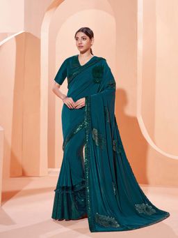 Odette - Teal Elegant Lycra Saree with Unstitched Blouse