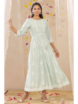 Juniper - Mint Ethnic Motif Printed Rayon Maxi Dress with Buttons & Lace Work