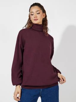 Styli - Women Burgundy Solid Turtle Neck Long Sleeves Oversized Longline Sweater