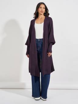 Styli - Women Purple Open Front Long Sleeves Regular Fit Longline Cardigan