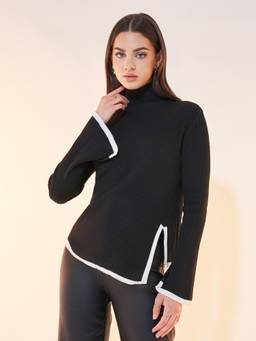 Styli - Women Black Ribbed Turtle Neck Long Sleeves Regular Fit Sweater