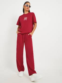 Styli - Women Maroon Embroidered Round Neck Half Sleeves Co Ord Set