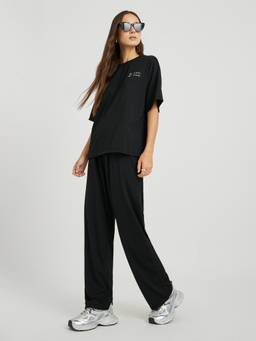 Styli - Women Black Embroidered Round Neck Half Sleeves Co Ord Set