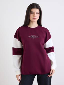 Styli - Women Burgundy Colorblock Round Neck Oversized Longline Sweatshirt