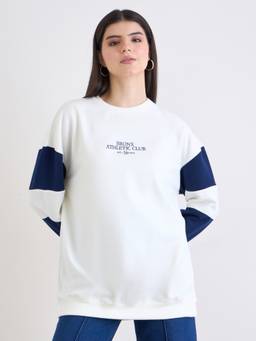 Styli - Women White Colorblock Round Neck Oversized Longline Sweatshirt