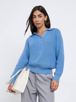 Styli - Women Blue Solid Polo Collar Long Sleeves Regular Fit Sweater