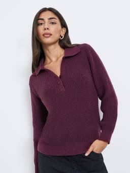 Styli - Women Burgundy Solid Collar Neck Long Sleeves Regular Fit Sweater