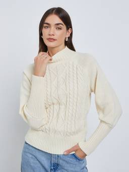 Styli - Women Cream Cable Knit High Neck Long Sleeves Regular Fit Sweater