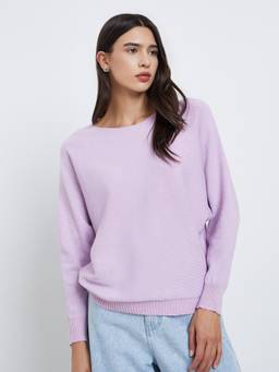 Styli - Women Purple Solid Boat Neck Long Sleeves Relaxed Fit Sweater