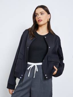 Styli - Women Black Solid Regular Fit Regular Length Bomber Jacket