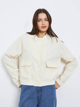 Styli - Women Off White Solid Regular Fit Regular Length Bomber Jacket