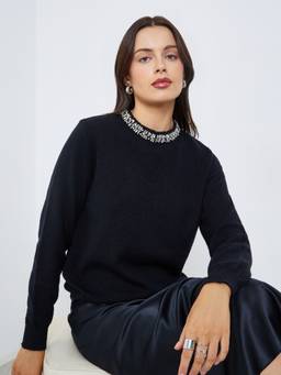 Styli - Women Black Solid Long Sleeves Regular Fit Embellished Sweater