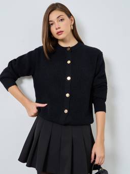 Styli - Women Black Solid Long Sleeves Regular Fit Button Cardigan