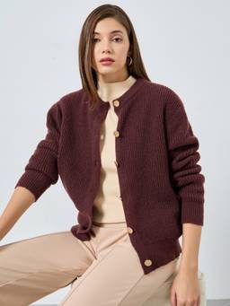 Styli - Women Burgundy Solid Long Sleeves Regular Fit Button Cardigan
