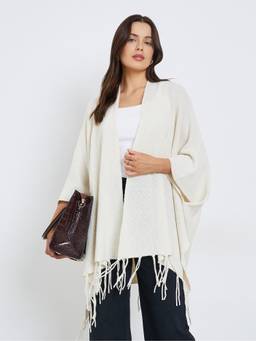 Styli - Women Off White Solid Open Front Oversized Longline Cardigan