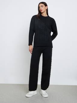 Styli - Women Black Textured Full Sleeves Sweater Co Ord Set