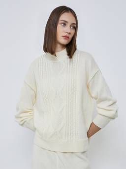 Styli - Women Off White Cable Knit High Neck Long Sleeves Regular Fit Sweater