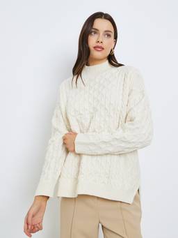 Styli - Women Off White Cable Knit High Neck Long Sleeves Oversized Sweater