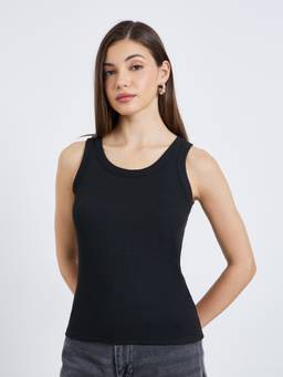 Styli - Women Black Sleeveless Fitted Ribbed Knit Top