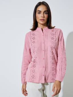 Styli - Women Pink Self Design Mandarin Collar Long Sleeves Regular Fit Top