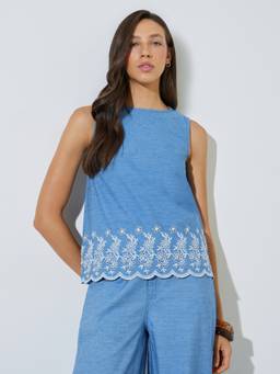 Styli - Women Blue Round Neck Sleeveless Regular Fit Embroidered Hem Top