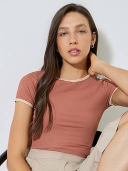 Styli - Women Brown Short Sleeves Fitted Ribbed Top
