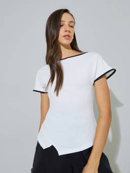 Styli - Women White Solid Boat Neck Regular Fit Top With Ruched Waist
