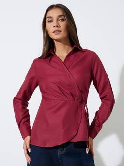 Styli - Women Burgundy Solid Regular Collar Long Sleeves Regular Fit Wrap Top