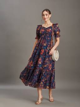 Miss Chase - Women's Cobalt Multi-Color Floral Ruffled Georgette Midi Dress
