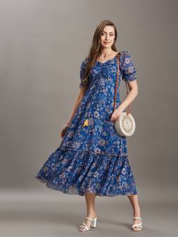 Miss Chase - Women's Cobalt Multi-Color Floral Ruffled Georgette Midi Dress