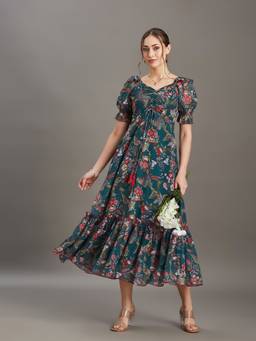 Miss Chase - Women's Bottle Multi-Color Floral Ruffled Georgette Midi Dress