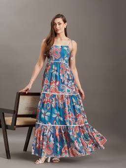 Miss Chase - Women's Azure Multi-Color Floral Shoulder Tie Up Maxi Dress