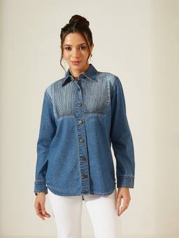 Miss Chase - Women's Mid Blue Shirt Collar Full Sleeve Solid Shirt Regular Shirt