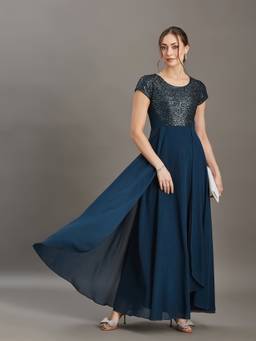 Miss Chase - Women's Teal Embellished Fit And Flare Maxi Georgette Dress