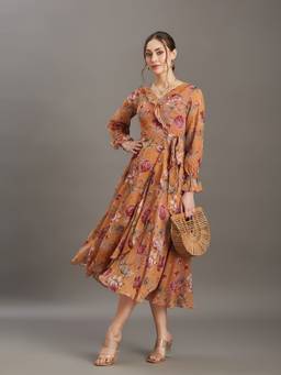 Miss Chase - Women's Multi-Color Bohemian Ruffled Tie Up Midi Chiffon Dress