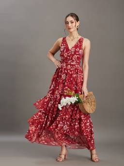 Miss Chase - Women's Maroon Floral Ruffled Maxi Chiffon Dress